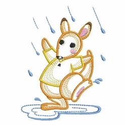 Playful kangaroo in a yellow shirt stands in a puddle with raindrops falling around it. Perfect for spring decor.