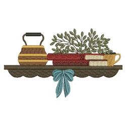 Traditional shelf featuring a yellow and brown kettle, stacked red and brown books, and lush green leaves.