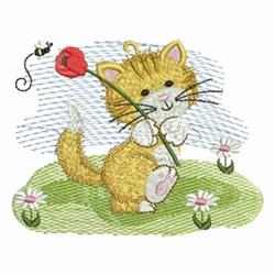 Playful illustration of a kitten holding a red flower on grass, with a buzzing bee nearby.