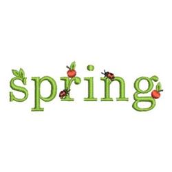 Playful text with 'spring' in vibrant green, accented by ladybugs and apples, ideal for spring crafting.