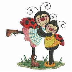 Cheerful ladybug characters in a pink tutu and yellow shirt playfully embracing in vibrant grass. Whimsical design.