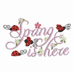 Whimsical text saying 'Spring is here' in pink script, surrounded by vibrant ladybugs and colorful flowers.
