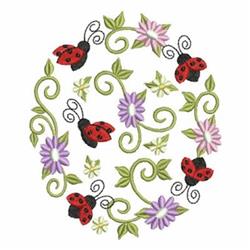 Playful red ladybug among vibrant purple flowers and green swirls, perfect for spring quilting.