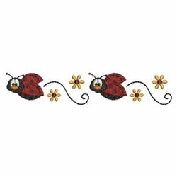 Playful applique ladybug with black spots and yellow flowers, connected by curvy lines, creates a whimsical design.
