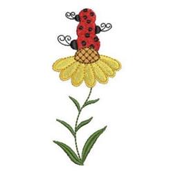 Playful ladybug on a sunny yellow flower with textured center and slender green leaves.
