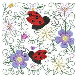 Colorful embroidery featuring a vibrant red ladybug among purple flowers and green vines, perfect for quilting.