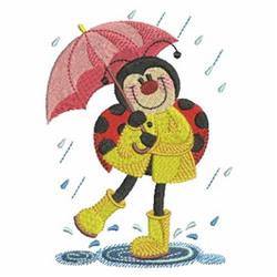 A cheerful ladybug in a yellow raincoat and boots holds a red umbrella, surrounded by playful raindrops for spring.