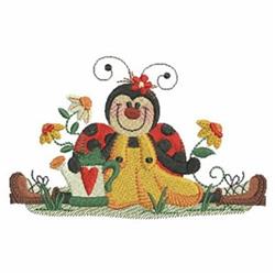 Whimsical ladybug in a yellow coat, surrounded by colorful spring flowers and a watering can.
