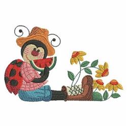 Cheerful ladybug in a straw hat enjoys watermelon among vibrant flowers, paired with a rustic boot in a playful summer scene.