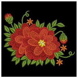 Applique large red blooms with layered petals, vibrant orange highlights, and lush green leaves on a black background.