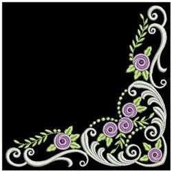 Elegant corner floral design featuring lavender roses, delicate leaves, and swirling vines on a black background.