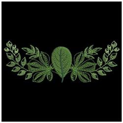 Leaf design with vibrant green leaves in a symmetrical arrangement, detailed foliage on a solid black background.