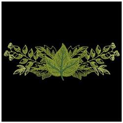 Naturalistic leaf decoration featuring a large green leaf and various smaller shades, detailed against a black background.