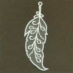 Delicate white leaf features intricate swirling lines and a loop detail, showcasing fine free standing lace craftsmanship.