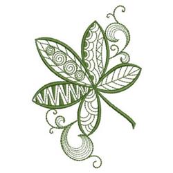 Whimsical leaf design with intricate swirls and zigzag lines, showcasing detailed patterns in shades of green.