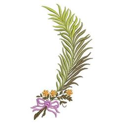 Leafy branch with vibrant green leaves and small yellow flowers, accented by a delicate purple bow.