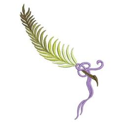 Stylized leafy branch with green shades fading to light yellow, accented by a purple ribbon at its base.