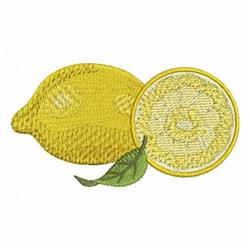 Applique lemon with vibrant yellow color, a juicy slice and a fresh green leaf, ideal for kitchen decor.