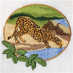 Realistic leopard bending down to drink from a stream, surrounded by lush foliage and stylized rocks.