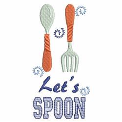 Playful spoon and fork design with colorful handles and fun 'Let's Spoon' text on a white background.