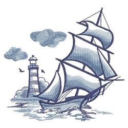Lighthouse And Ship - 4x4 ship detailed embroidery design for reusable tote bags