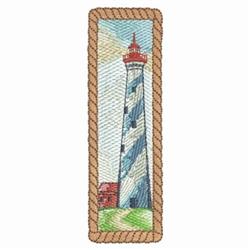 Colorful lighthouse with blue stripes and red top amidst green grass, framed with rope-like border.