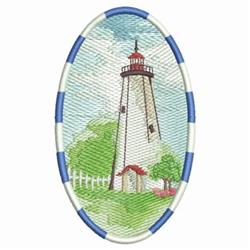 Colorful lighthouse in a serene landscape, framed by blue and white with lush trees and a white fence.