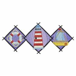 Applique lighthouse with red and white stripes, flanked by a lifebuoy and sailboat on a soft blue background.