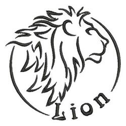Simple line art lion head with flowing mane, circular outline, and 'Lion' text, perfect for wall decor.