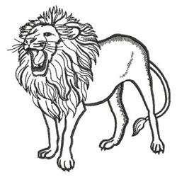 Illustrative lion roaring with a detailed flowing mane and strong posture in monochromatic design.
