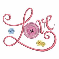 Word art 'Love' in flowing pink script, adorned with colorful blue and yellow buttons, playful and cheerful.