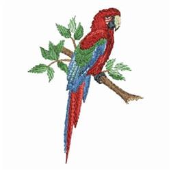 Applique macaw perched on a branch with vibrant red, green, blue feathers, surrounded by green leaves.