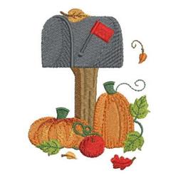 Gray mailbox with a red flag, surrounded by vibrant orange pumpkins and green leaves in a whimsical autumn scene.