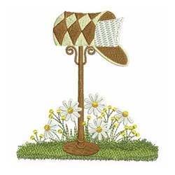 Whimsical mailbox with a diamond pattern and floppy lid, surrounded by green grass and white daisies.