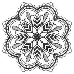 Intricate mandala design with symmetrical patterns and black outlines, featured in a detailed quilting style.