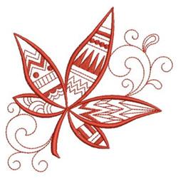 Stylized red maple leaf with geometric patterns and swirls, capturing autumn's essence in a contemporary fall design.