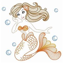 Whimsical mermaid with blonde hair and orange top, surrounded by blue bubbles in a playful underwater scene.