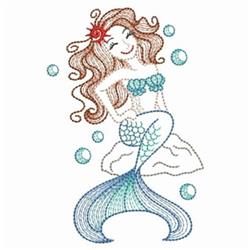 Whimsical mermaid with long flowing hair, colorful tail, and playful bubbles in soft pastels.