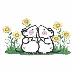 Playful cartoon mice in a sweet pose surrounded by yellow sunflowers and green grass, perfect for spring.