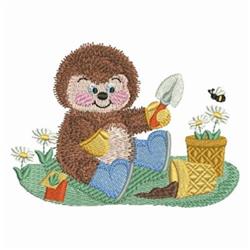 Applique mole holding a shovel and cheese on green grass, surrounded by vibrant flowers and a buzzing bee in spring.
