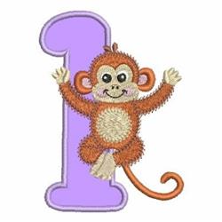 Playful monkey with a fluffy texture stands beside a large purple number 1, perfect for birthday celebrations.