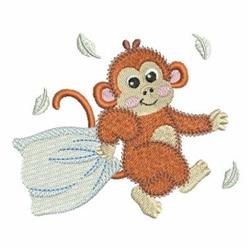 Cute monkey with fluffy orange fur holding a light blue blanket, surrounded by floating leaves. Perfect for baby decor.
