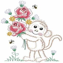 Cute monkey holding pink roses surrounded by yellow flowers and bees, perfect for spring decor.