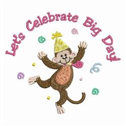 Cheerful monkey in playful design, wearing a yellow party hat and dancing with confetti for celebration.