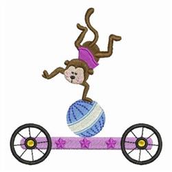 Playful monkey in pink outfit performs handstand on a blue and white ball, with wheels, in vibrant circus theme.