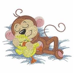 Playful monkey with brown and pink accents lying on grass, hugging a bright yellow duckling, cheerful design.