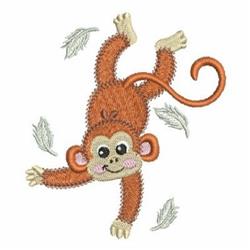 Playful monkey with orange fur and pink cheeks hanging upside down, surrounded by white feathers in a cheerful cartoon style.