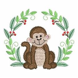Cartoon monkey with a cheerful expression, surrounded by vibrant leaves and red berries, in a playful holiday theme.