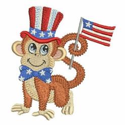 Cheerful monkey in a top hat and bow tie, holding an American flag for Independence Day. Playful embroidery design.