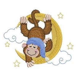 Playful monkey with a blue nightcap hanging from a crescent moon, surrounded by fluffy clouds and stars, perfect for nursery